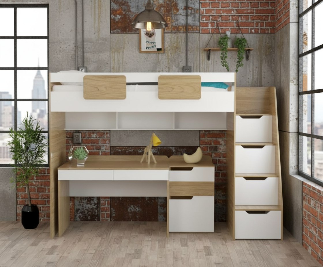 Комплект мебели: кровать-чердак Мозаика + Стол Мозаика + Тумба