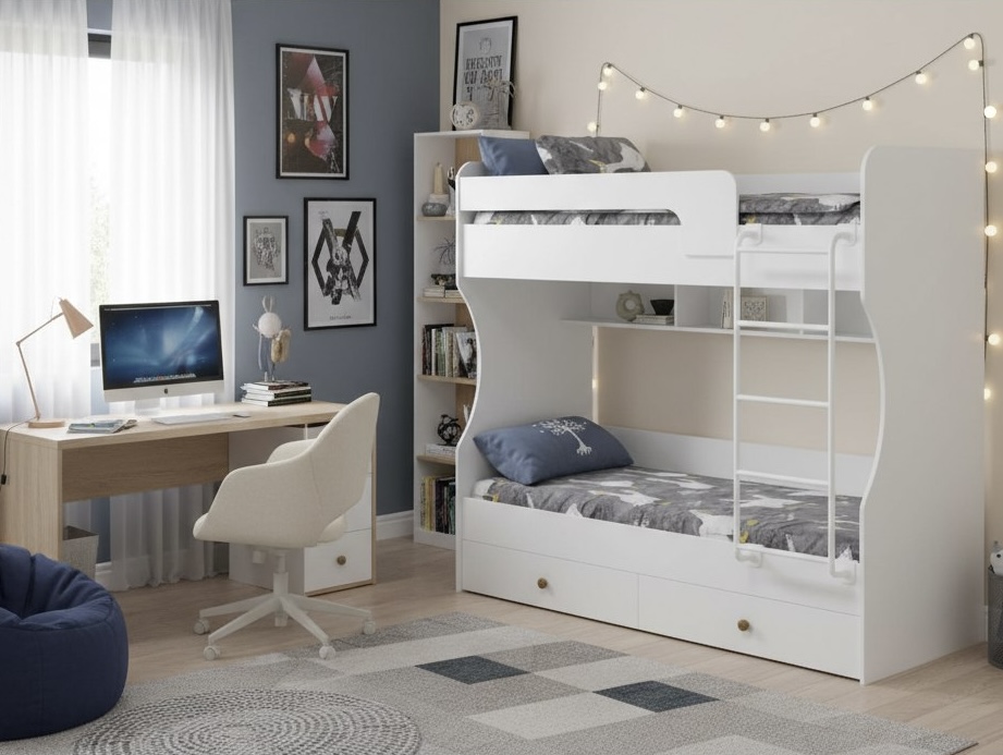2-х ярусная кровать Омега 190х80 (цвет белый + лестница белая)