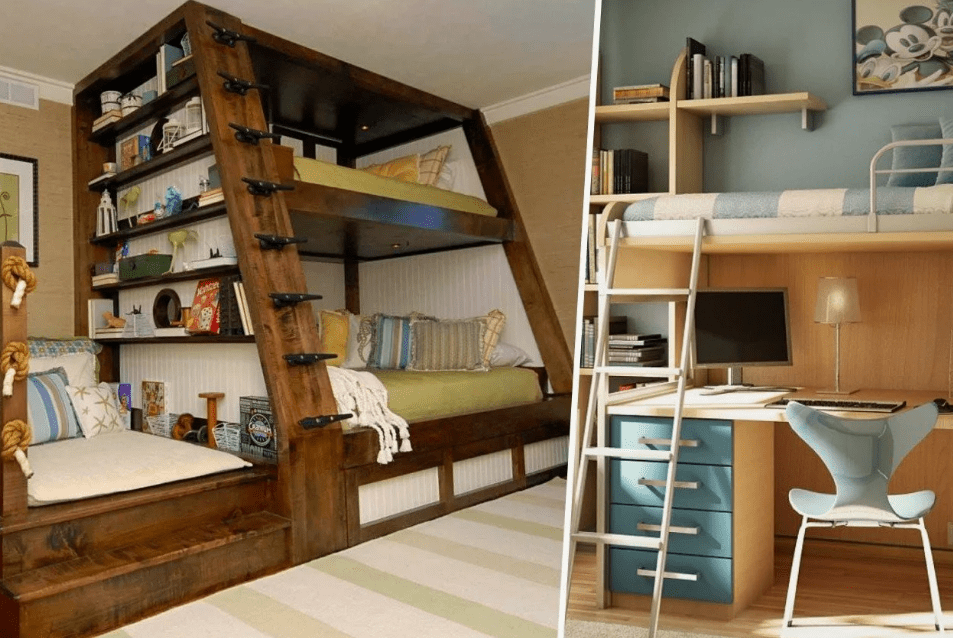 классическая кровать с двумя этажами в модификации, где нижний ярус располагается не вровень с верхним, а в слегка выдвинутом положении