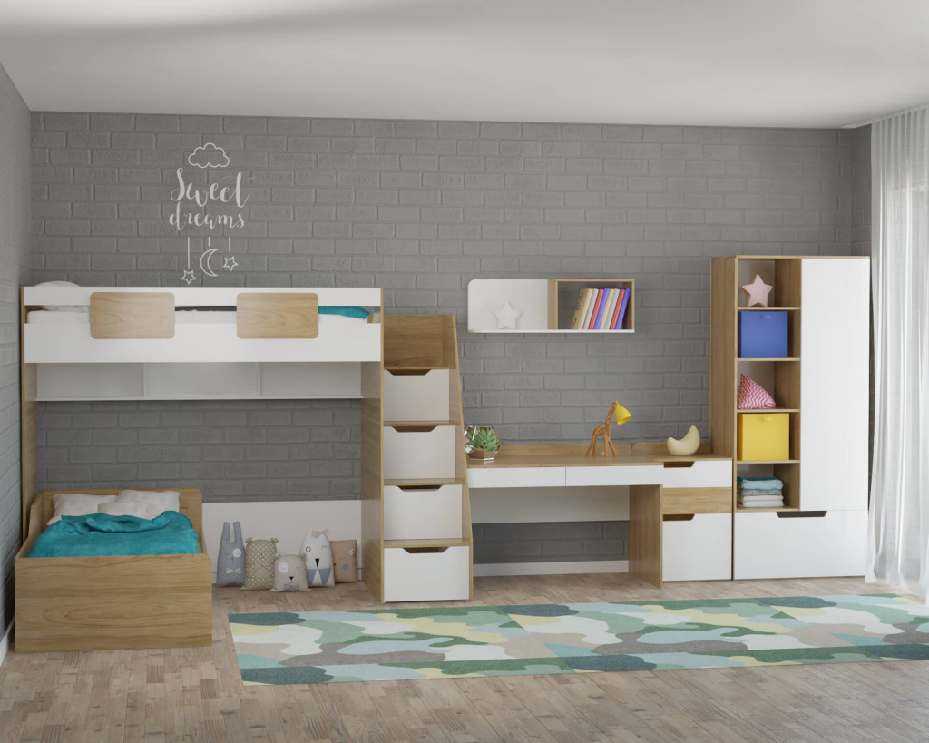 двухэтажная кровать, стол и шкаф