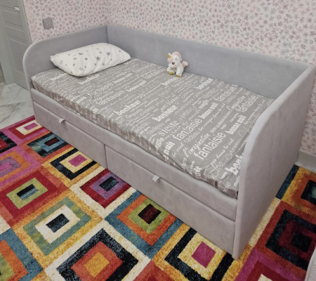 Мягкая кровать Эрмика 80х160 с ящиками. Велюр Тедди 304 (бежевый) от Династия Kids