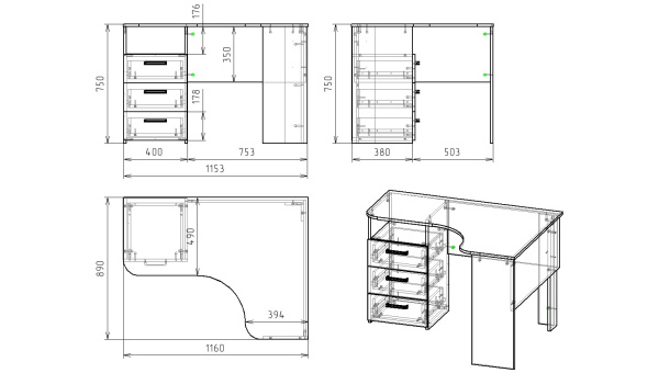 Стол угловой Гранд с 3 ящиками (ширина 1160 мм) от Династия Kids