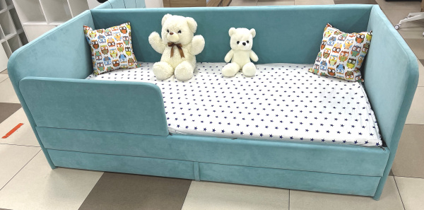 Мягкая кровать Nepos 90х200 (универсальный бортик). Велюр Тедди 335 (бирюзовый)