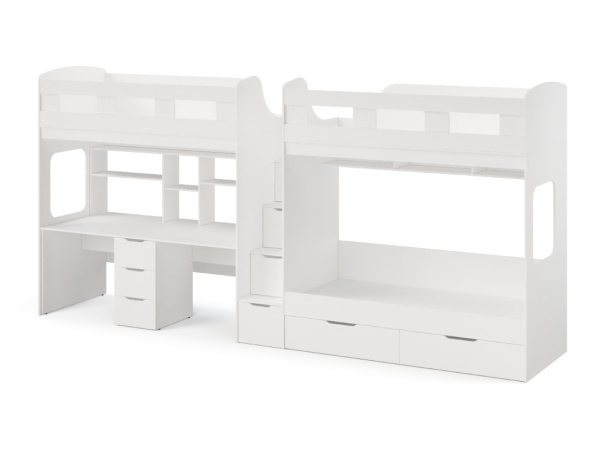 Кровать 3-х ярусная Квартет со столом для 2 детей (велюр + белый)