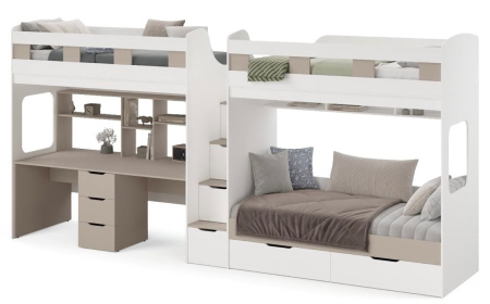 Кровать 3-х ярусная Квартет со столом для 2 детей (цвет белый)