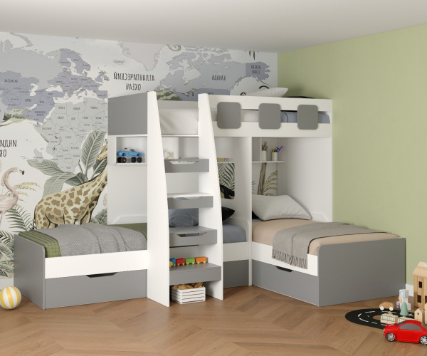 Кровать 3-х ярусная Династия (серебро+белый) 190х90 