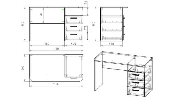 Стол Гранд с 3 ящиками (ширина 1164 мм) от Династия Kids