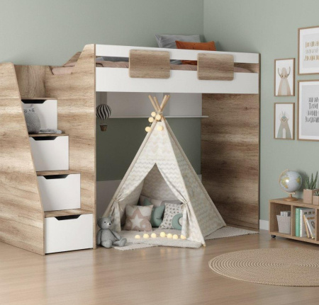 Кровать-чердак коллекции Лайт Лофт 190х90 (дуб каньон + белый) от Династия Kids