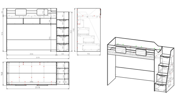 Кровать-чердак коллекции Мозаика-2 (цвет белый) 200х90 от Династия Kids