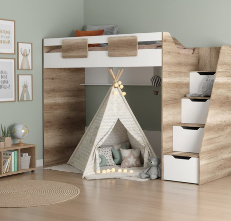 Кровать-чердак коллекции Лайт Лофт 190х90 (дуб каньон + белый) от Династия Kids