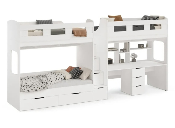 Кровать 3-х ярусная Квартет со столом для 2 детей (велюр + белый)