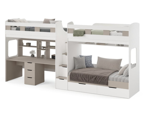 Кровать 3-х ярусная Квартет со столом для 2 детей (велюр + белый)