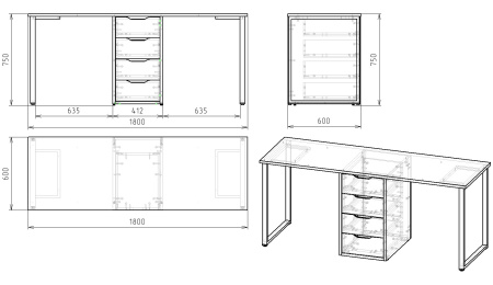 Стол Дуэт 1800 мм (белый + опоры черные) от Династия Kids
