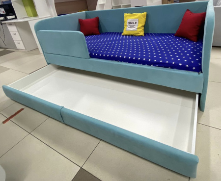 Мягкая кровать Nepos 90х200 (универсальный бортик). Велюр Тедди 335 (бирюзовый) от Династия Kids