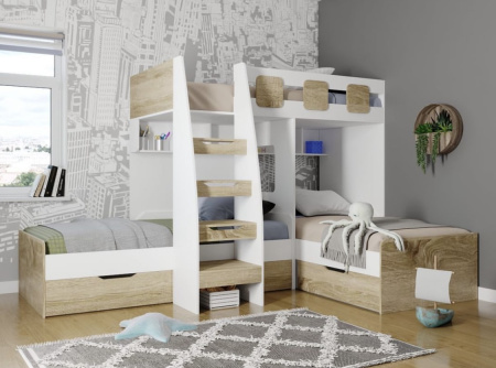 Трехъярусная кровать Династия 190х90 (дуб сонома+белый) 