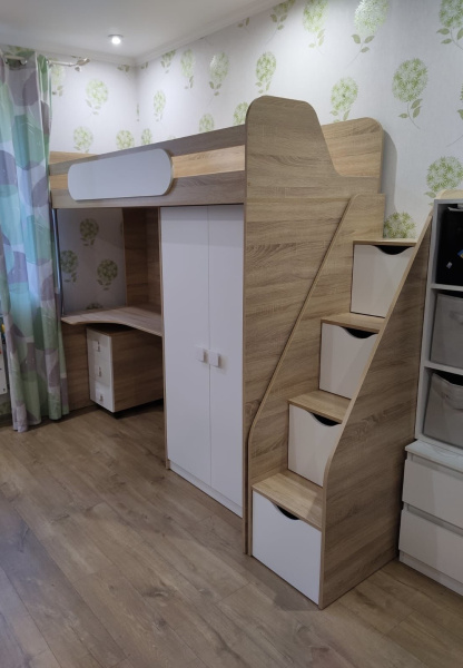 Кровать-чердак Колледж-2 (дуб золотистый + белый) 200х90 от Династия Kids