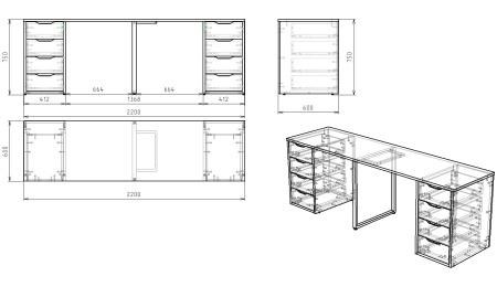 Стол Дуэт 2200 мм (две тумбы) белый + опора черная от Династия Kids