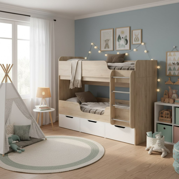 Кровать двухъярусная Малыши Двойняшки 180х80 (дуб сонома + белый)
