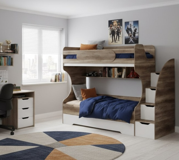 Кровать БИГ 120х200 с доп.спальным местом (дуб каньон + белый)