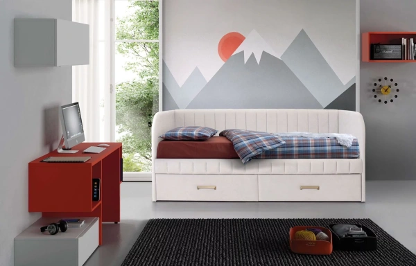 Мягкая кровать Слайт Полоса 90х200 (прямая спинка). Велюр Тедди от Династия Kids