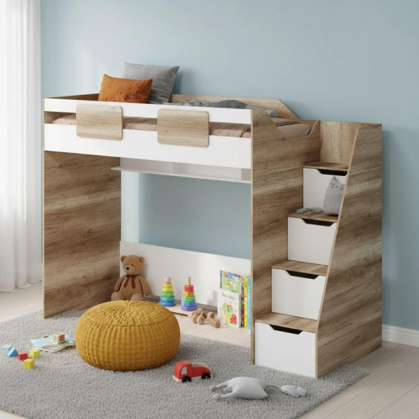 Кровать-чердак 200х90 коллекции Лайт Лофт (дуб каньон + белый) от Династия Kids